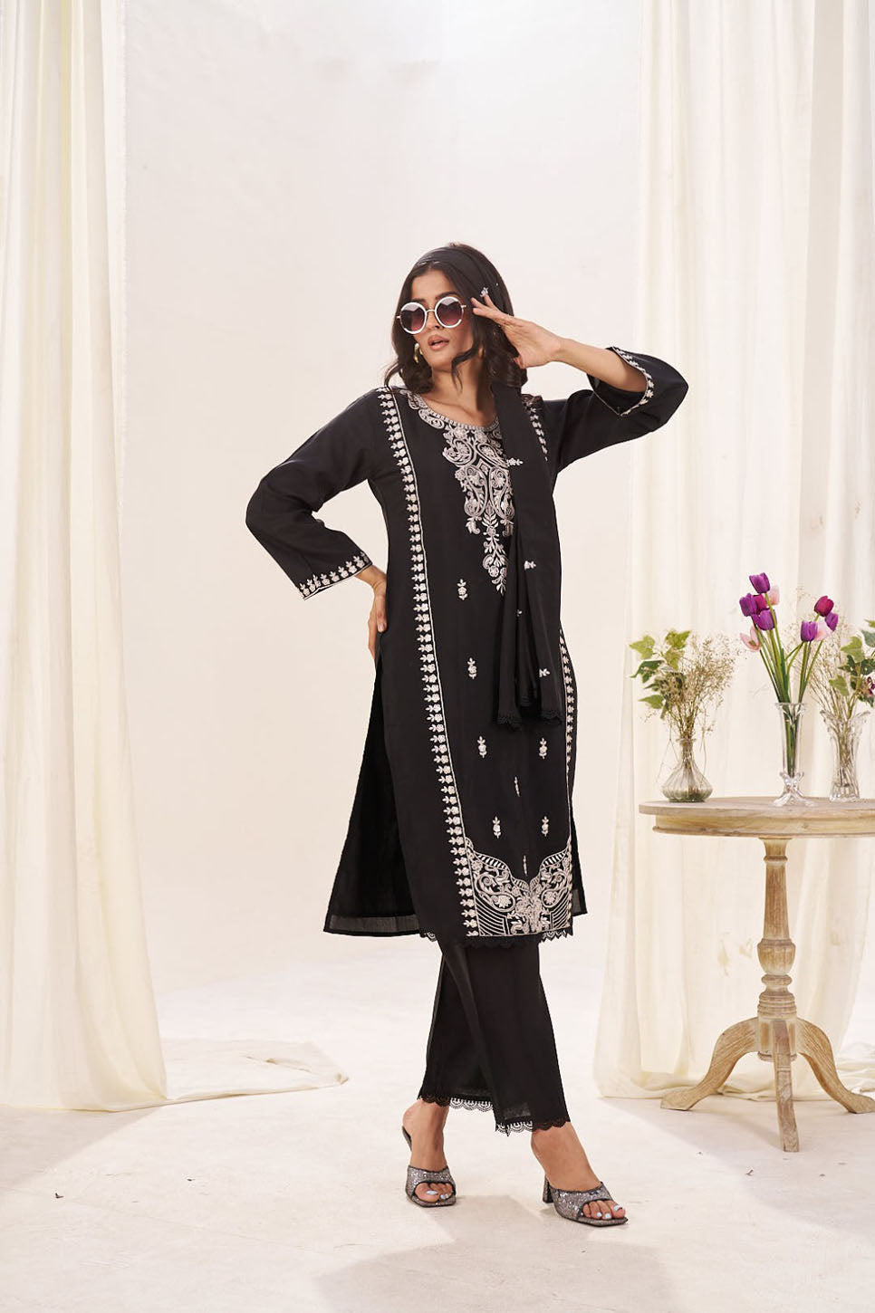 Classic Black Embroidered Cotton Suit with Dupatta