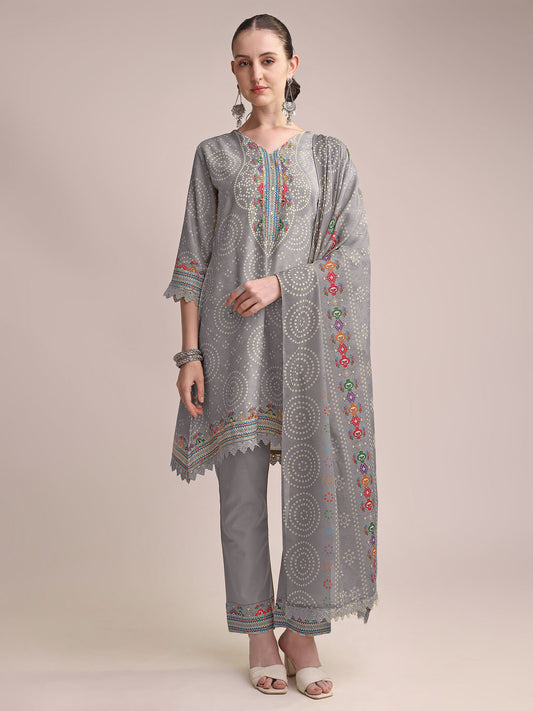 Elegant Grey Linen Printed Kurta Set with Multicolor Embroidery & Dupatta