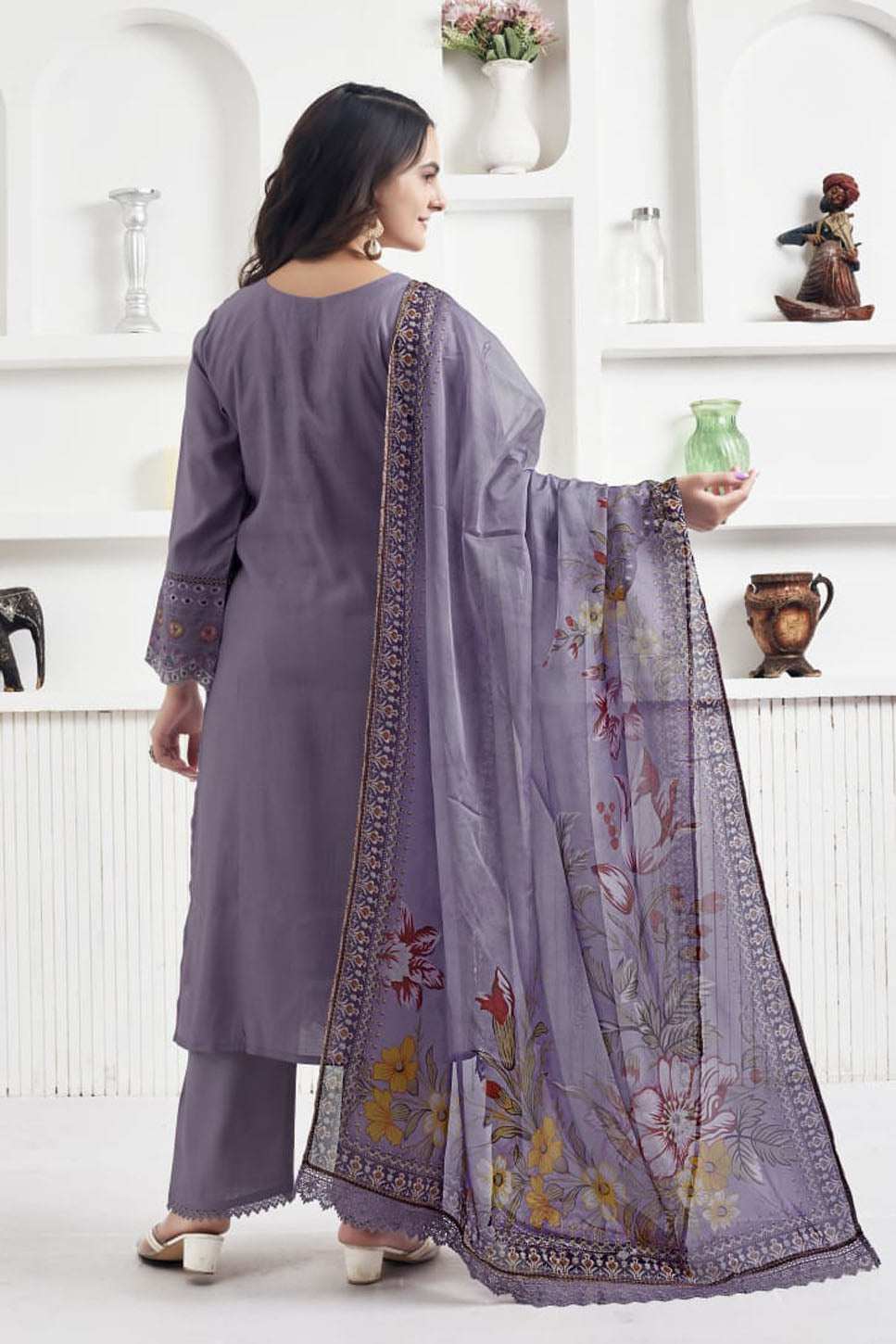Lavender Embroidered Suit Set with Printed Dupatta – Elegant Ethnic Wear