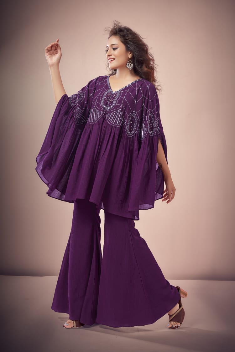 Plum Purple Embellished Kaftan Co-ord Set with Flared Pants