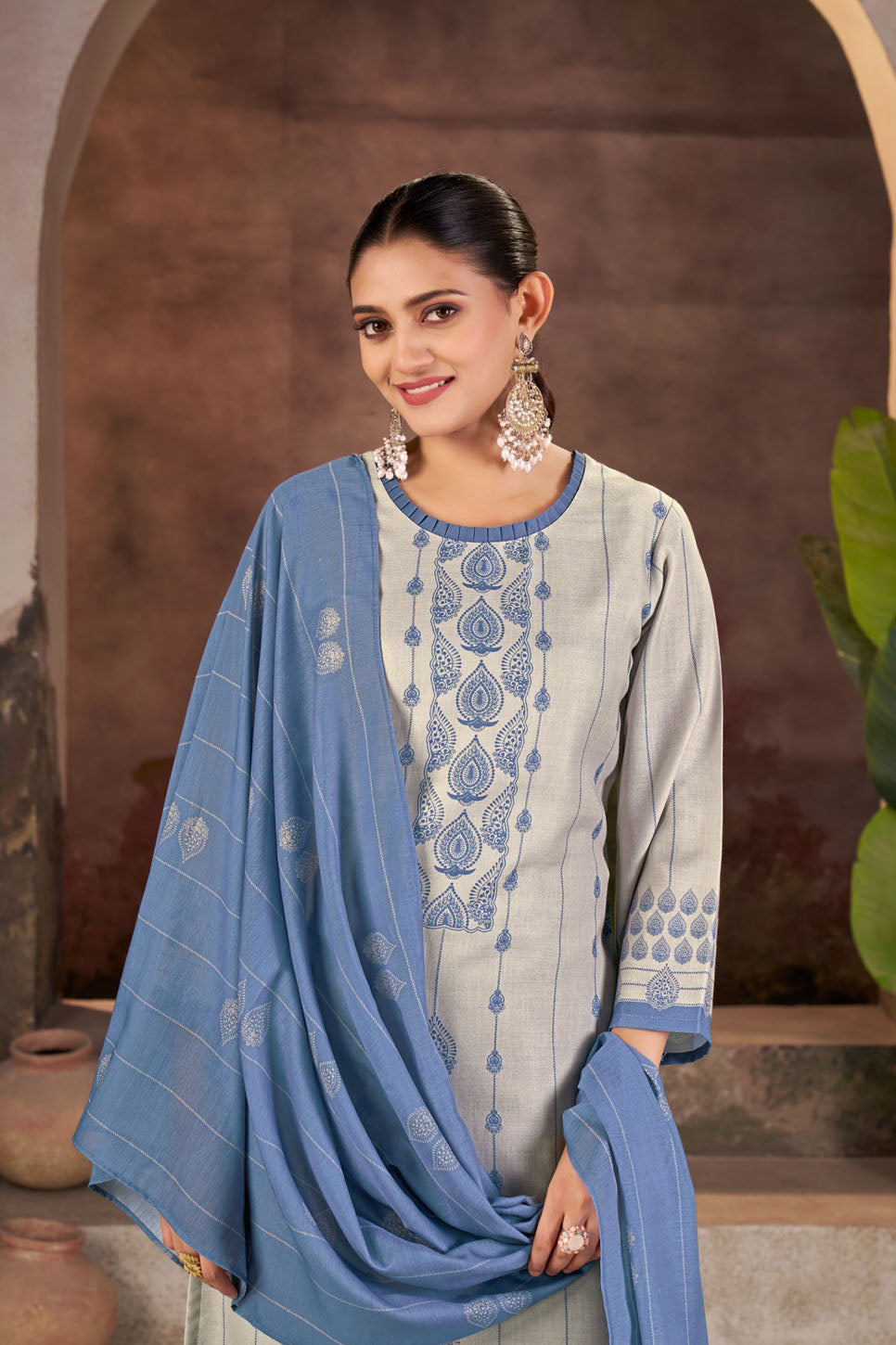 Grey & Blue Printed Linen Suit Set with Dupatta