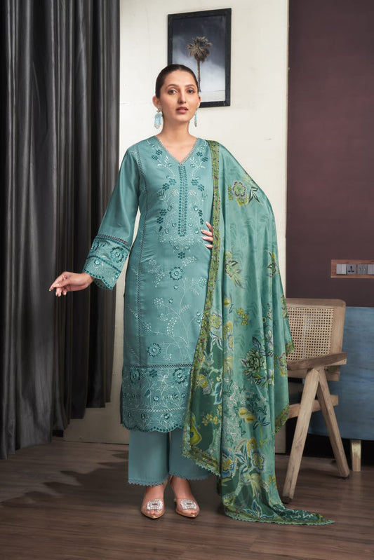 Sea Green Embroidered Chanderi Suit Set with Printed Dupatta