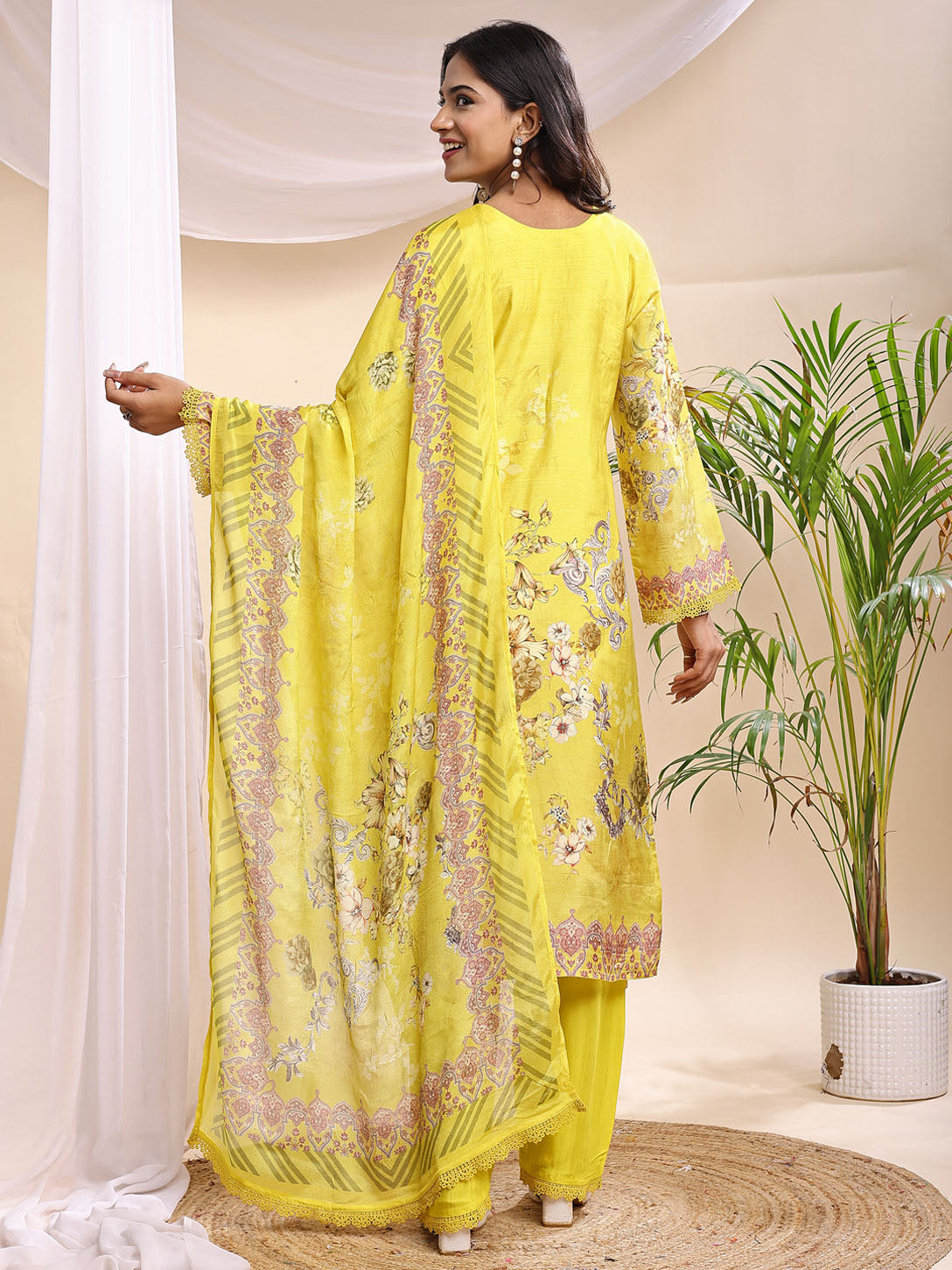 Women's Yellow Floral Printed Suit – 3 Piece Festive Set