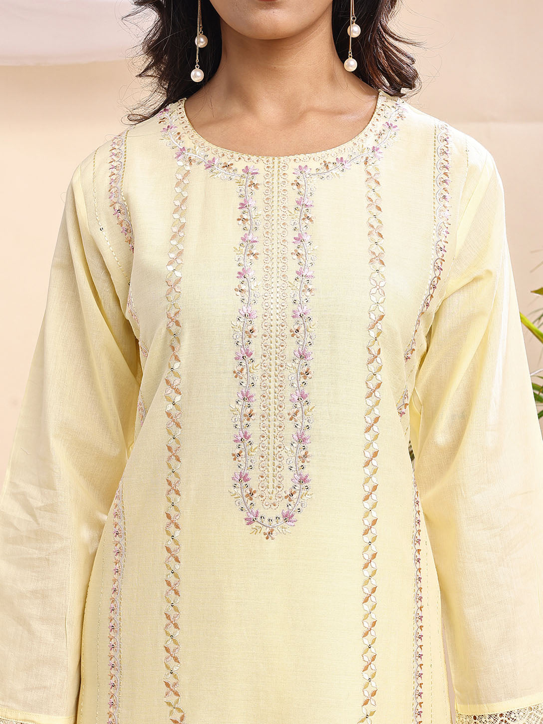 Women's Light Yellow Embroidered Suit – 3 Piece