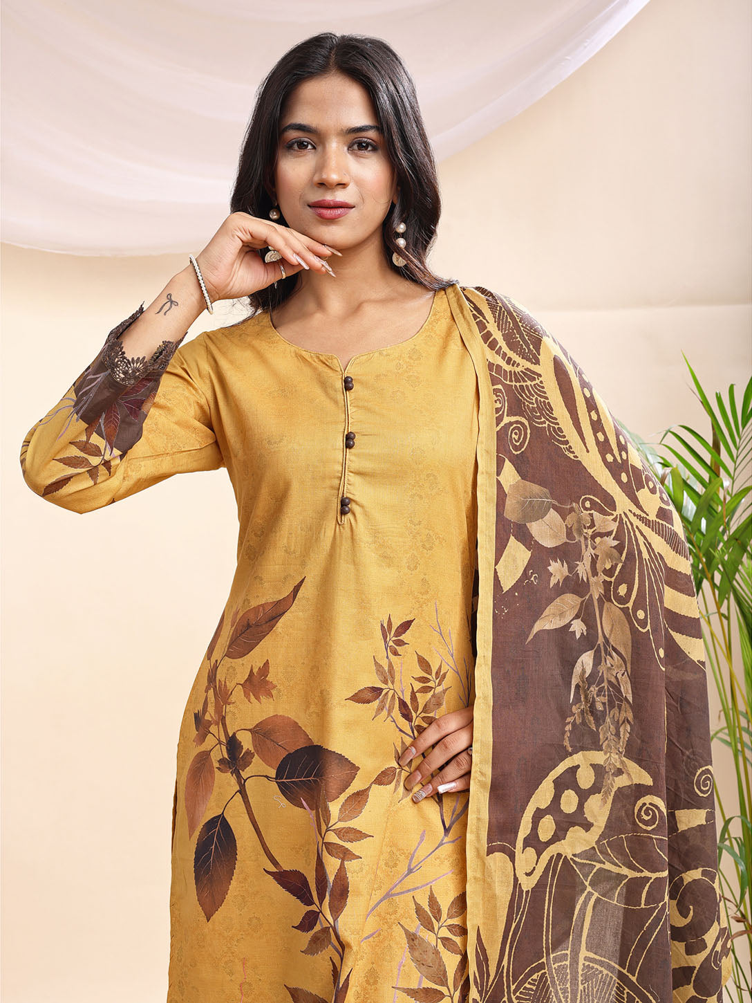 Women's Mustard & Brown Leaf Printed Suit – 3 Piece Suit Set