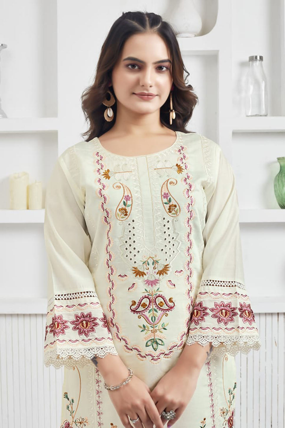 Off-White Embroidered Suit Set with Floral Printed Dupatta – Festive & Ethnic Wear