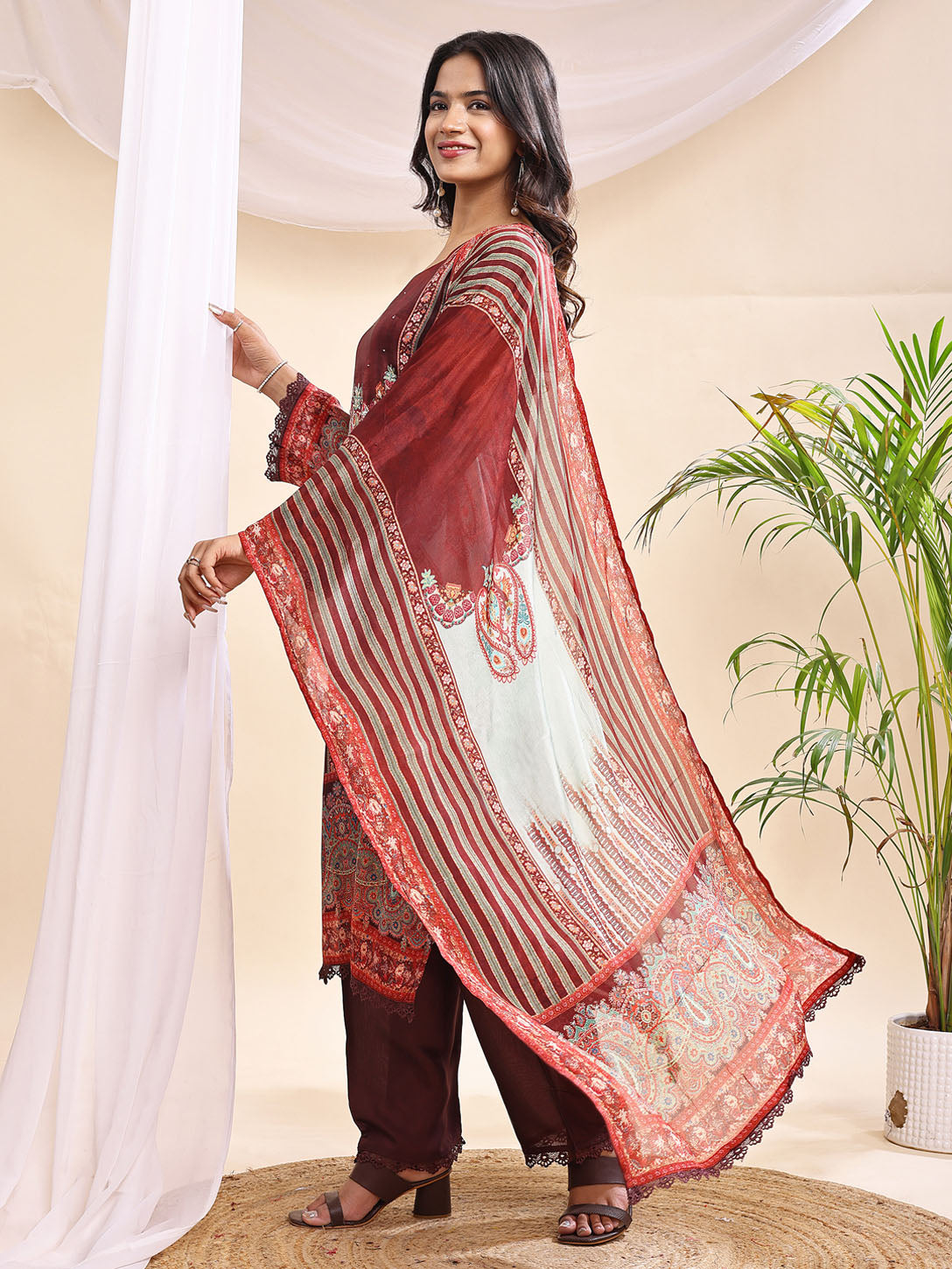 Graceful Maroon & Mint Printed Suit with Dupatta