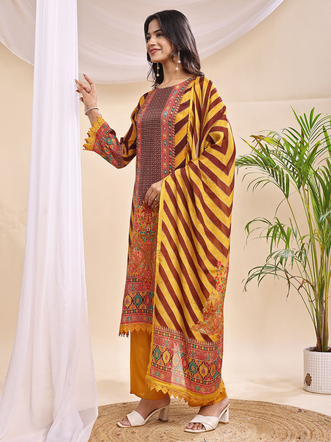 Women's Mustard & Maroon Printed Suit – 3 Piece Traditional Festive Set