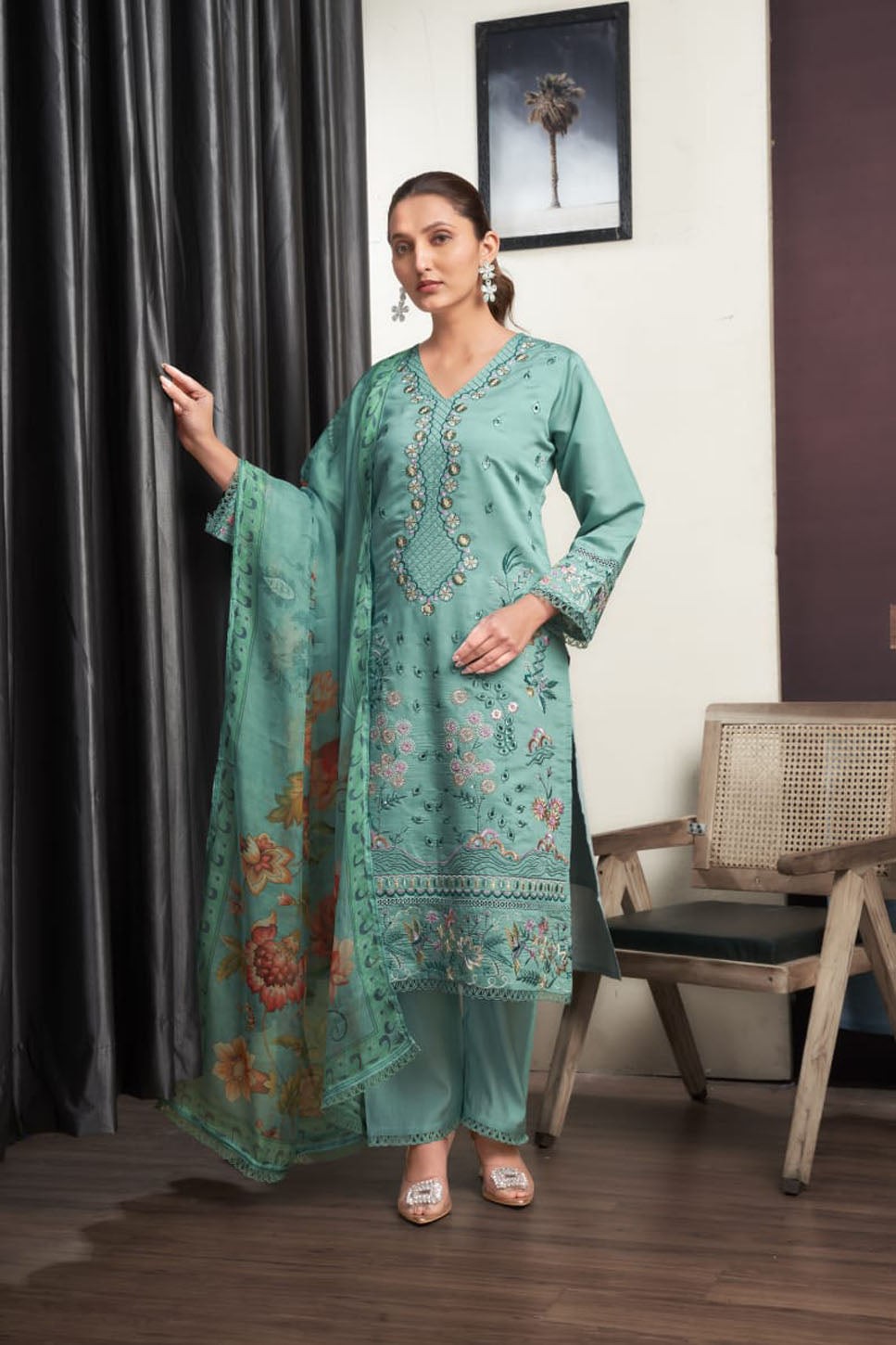 Teal Blue Embroidered Suit Set with Floral Dupatta