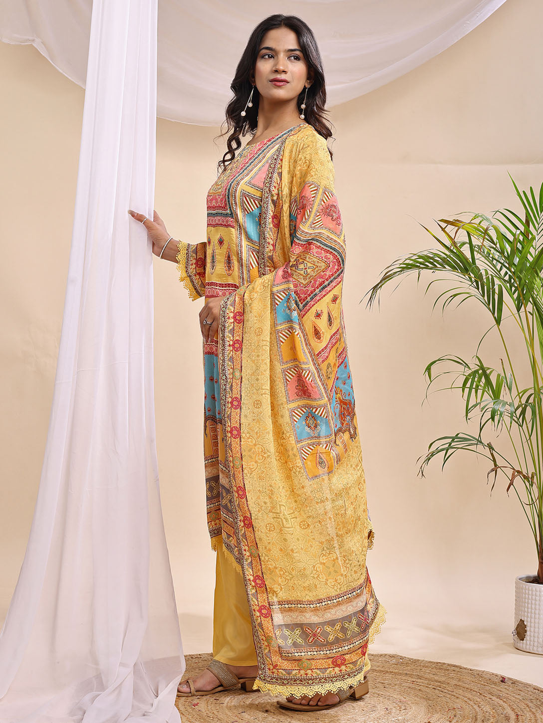 Vibrant Yellow Multicolor Printed Suit with Dupatta