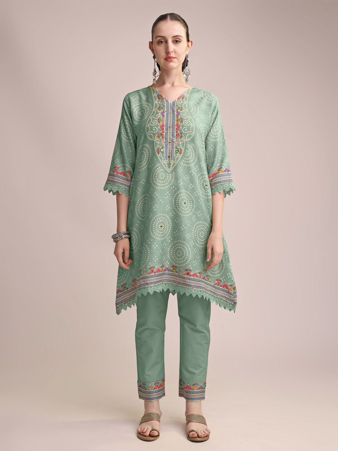 Graceful Sea Green Linen Printed Kurta Set with Embroidered Detailing & Matching Dupatta