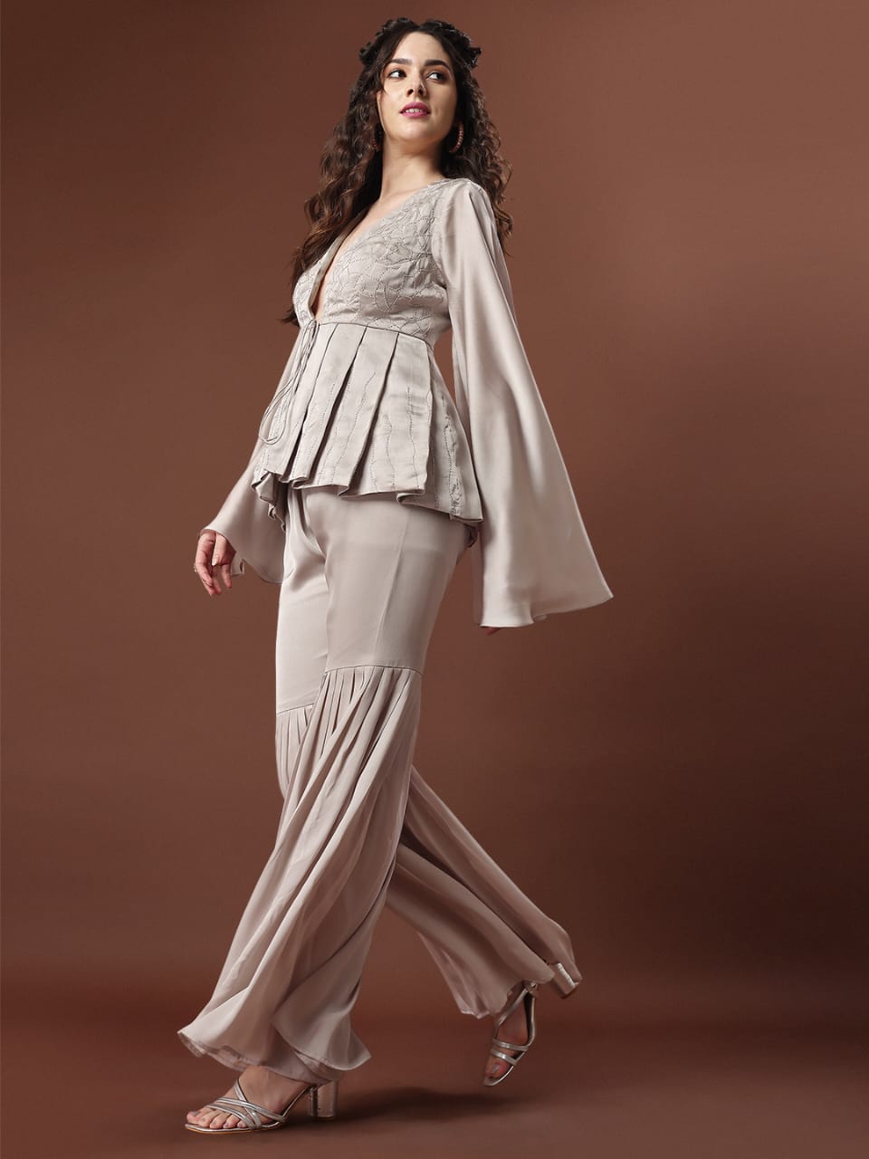 Champagne Beige Embroidered Peplum Co-ord Set with Flared Pants