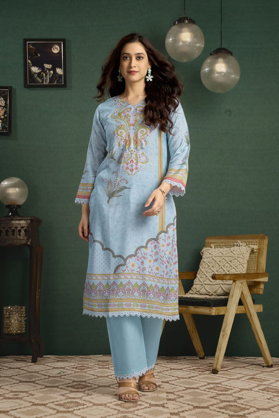 Sky Blue Printed Linen Suit Set with Embroidered Detailing & Dupatta