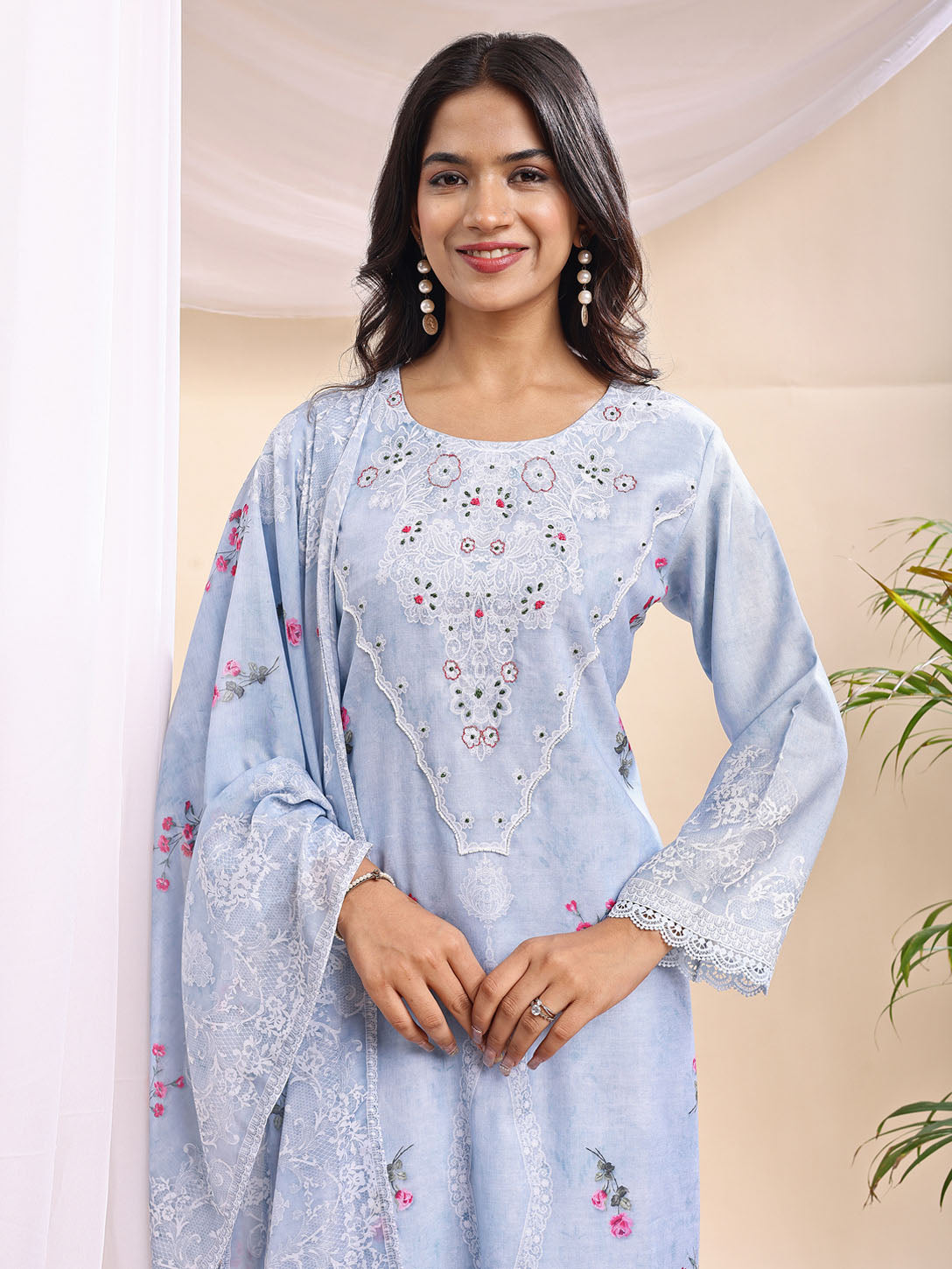 Pastel Blue Embroidered Three-Piece Suit Set