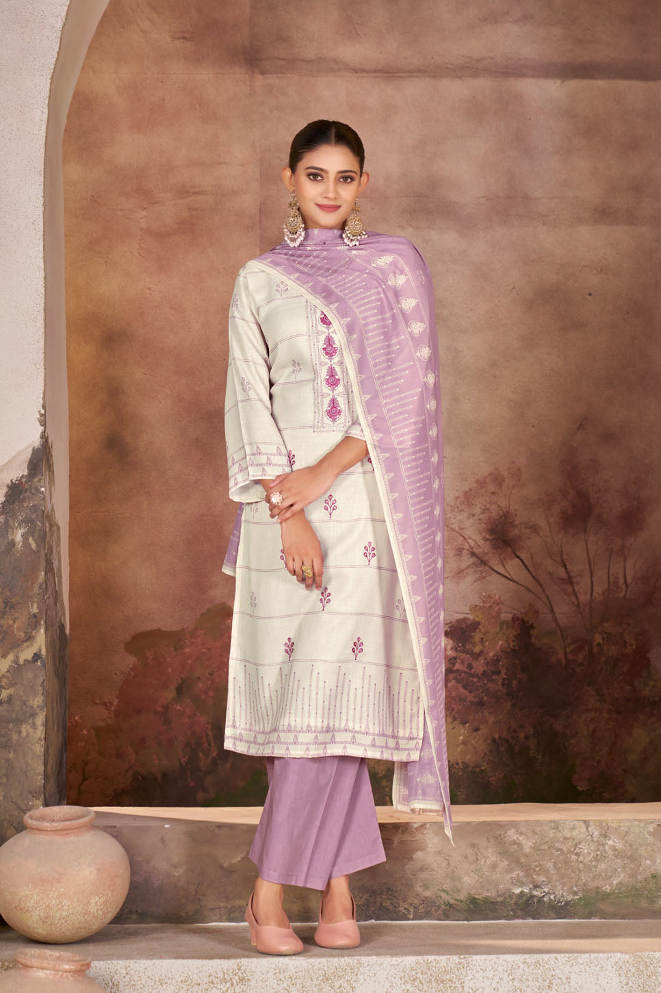 Grey & Lavender Printed Linen Suit Set with Dupatta