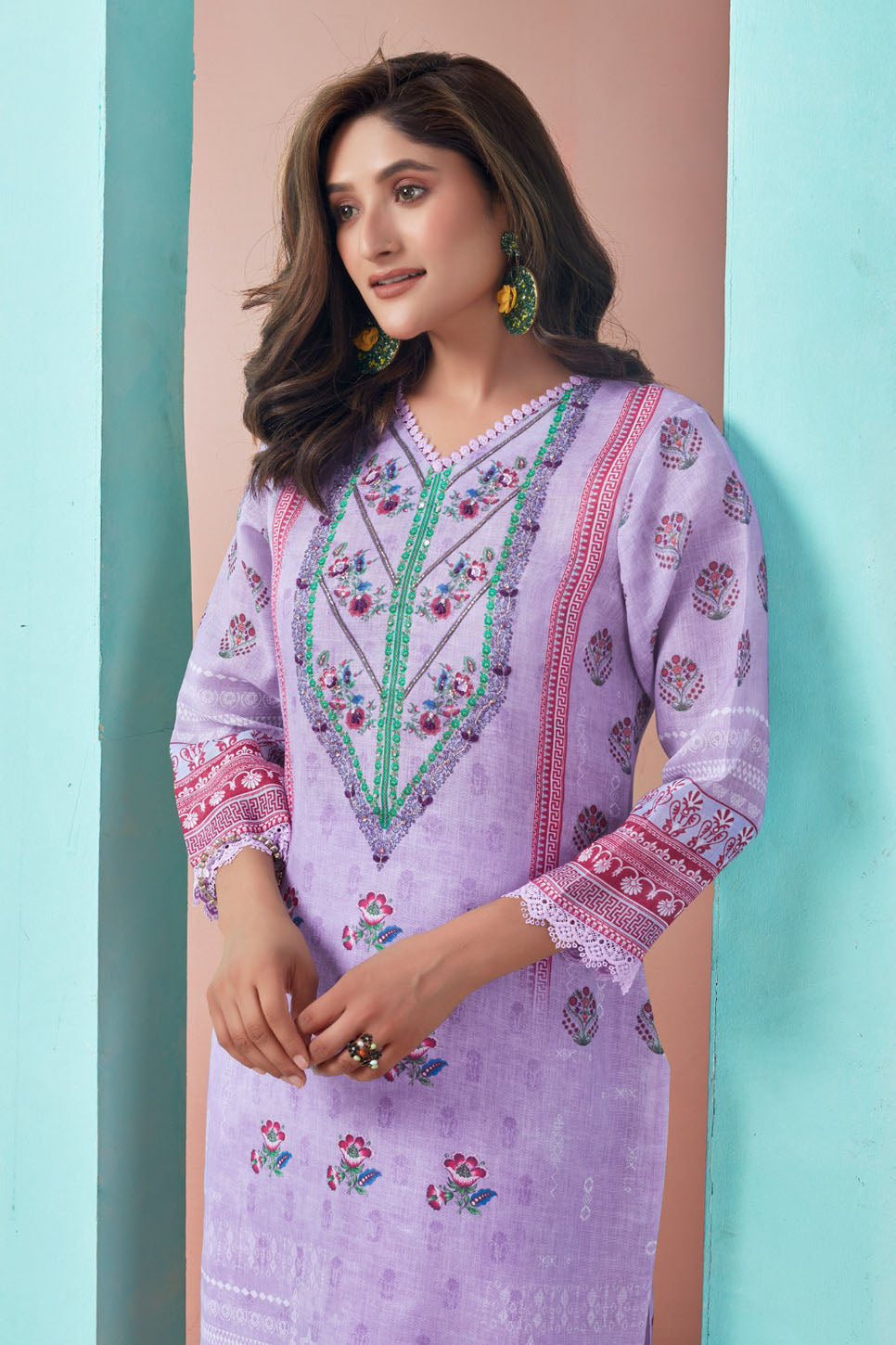 Lilac Embroidered Three-Piece Suit Set with Printed Dupatta