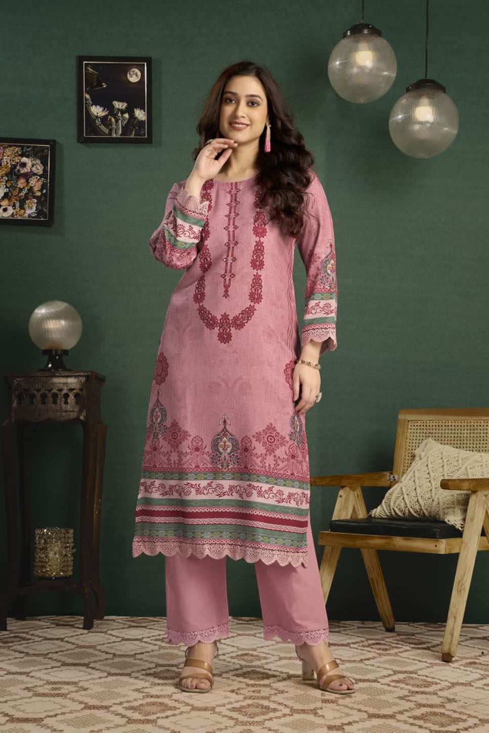Pink Festive Wear Women’s Ethnic Printed Straight Kurta Set with Dupatta