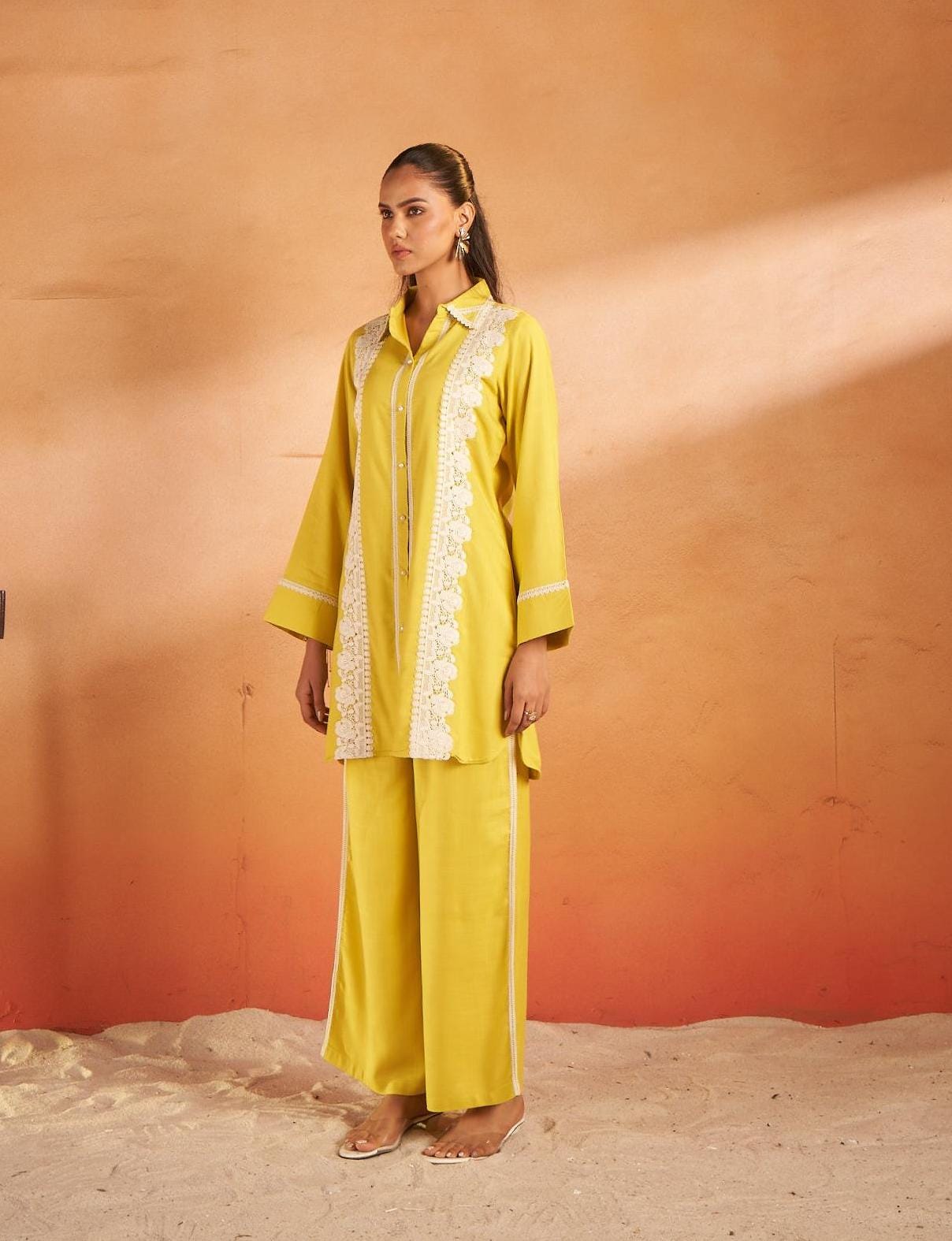 Mustard Yellow Lace Detailed Co-ord Set with Shirt Collar