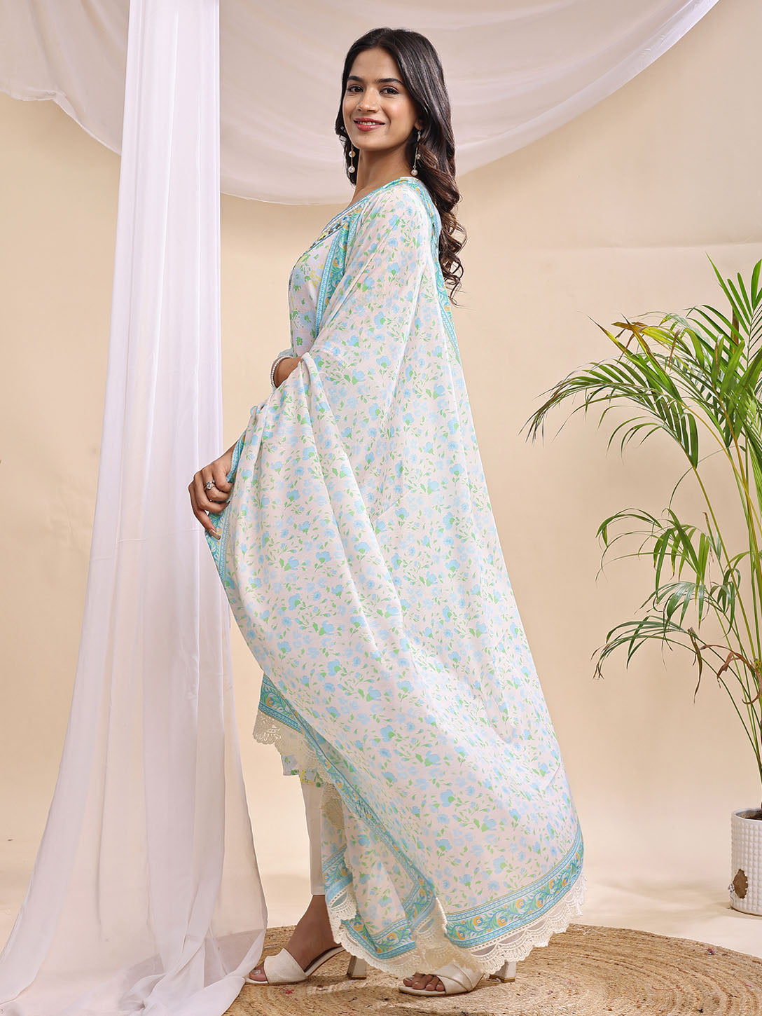 Turquoise Floral Printed Suit Set with Embroidered Neckline