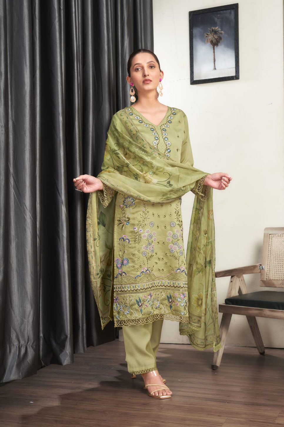 Light Green Embroidered Suit Set with Floral Dupatta