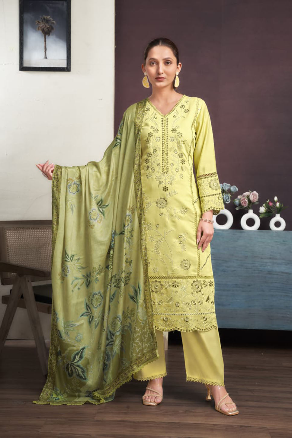 Lime Green Embroidered Chanderi Suit Set with Printed Dupatta
