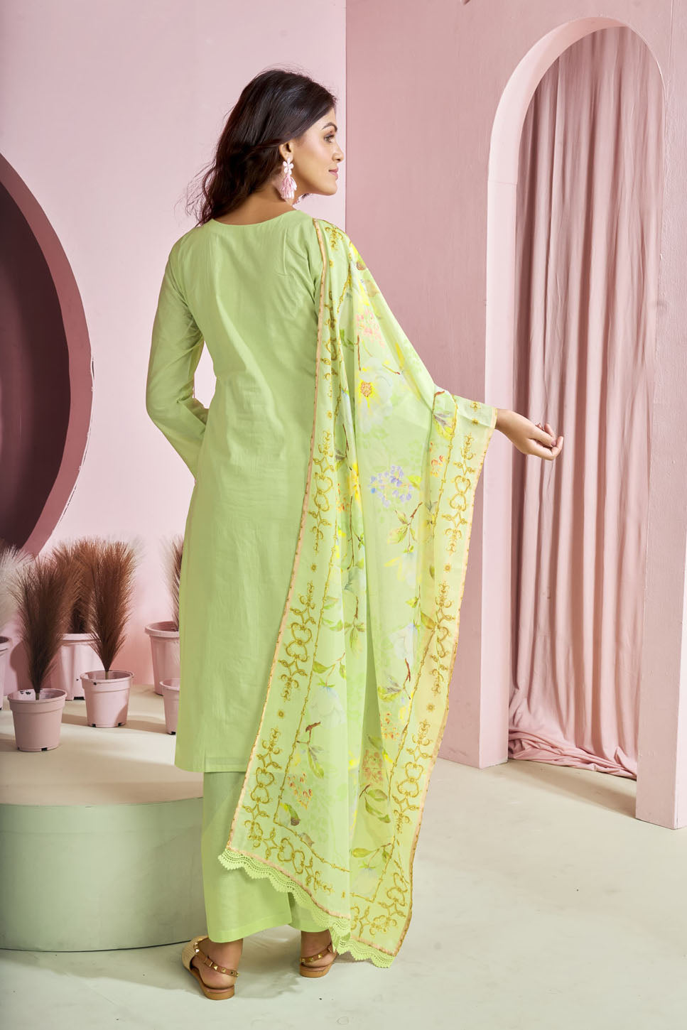 Pastel Lime Embroidered Cotton Suit with Printed Dupatta
