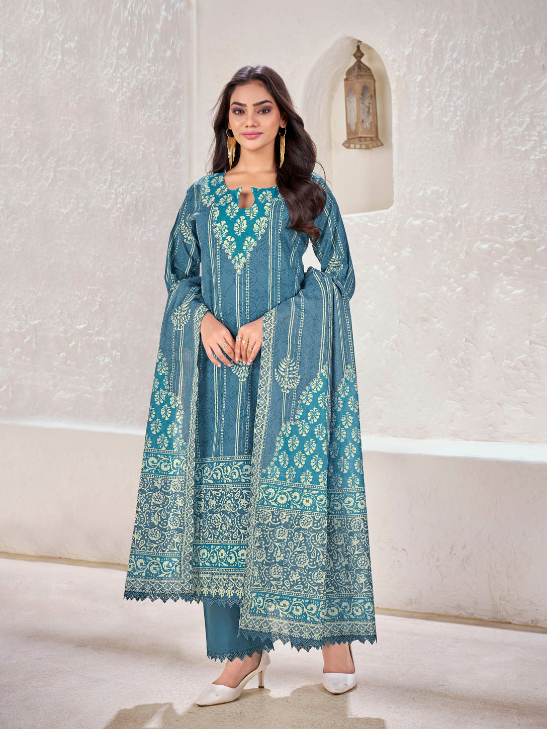 Teal Blue Printed Cotton Suit Set with Embroidered Neckline and Border Detailing