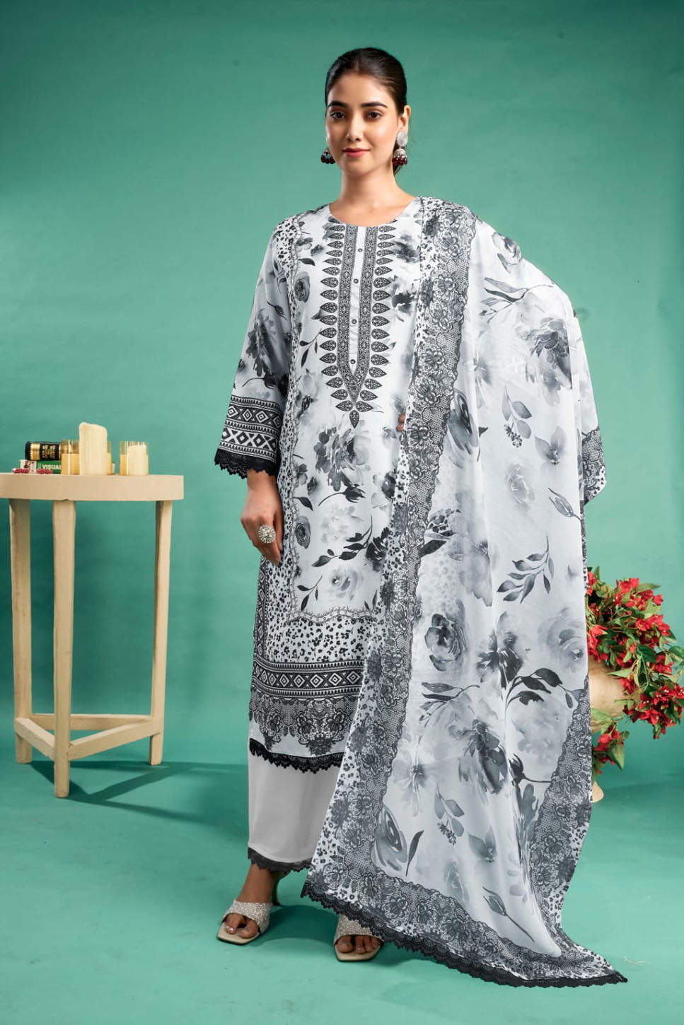 Women's Elegant Floral Printed Pakistani Suit – 3 Piece Set