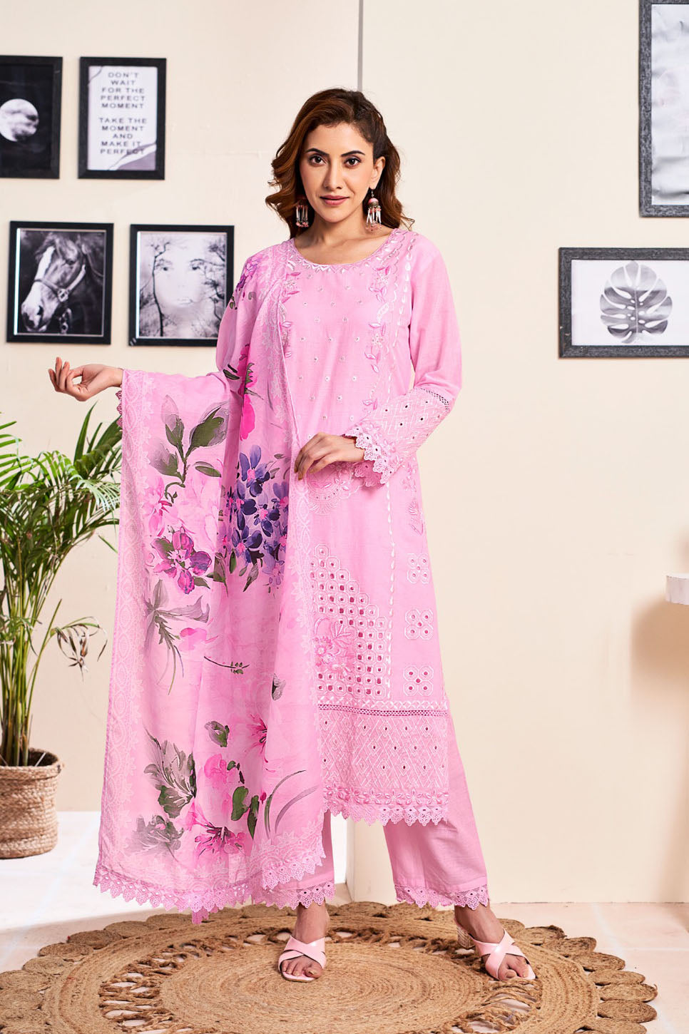 Baby Pink Embroidered Suit Set with Floral Printed Dupatta – Elegant Festive Wear