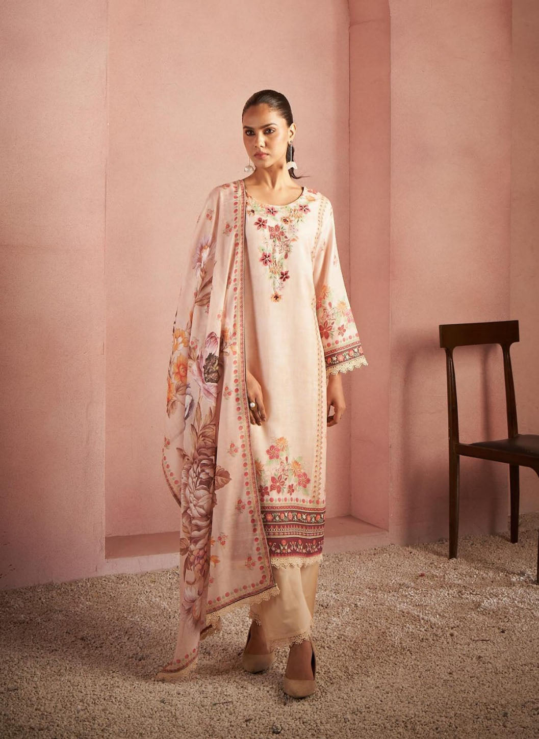 Blush Pink Floral Printed Suit Set with Embroidered Details