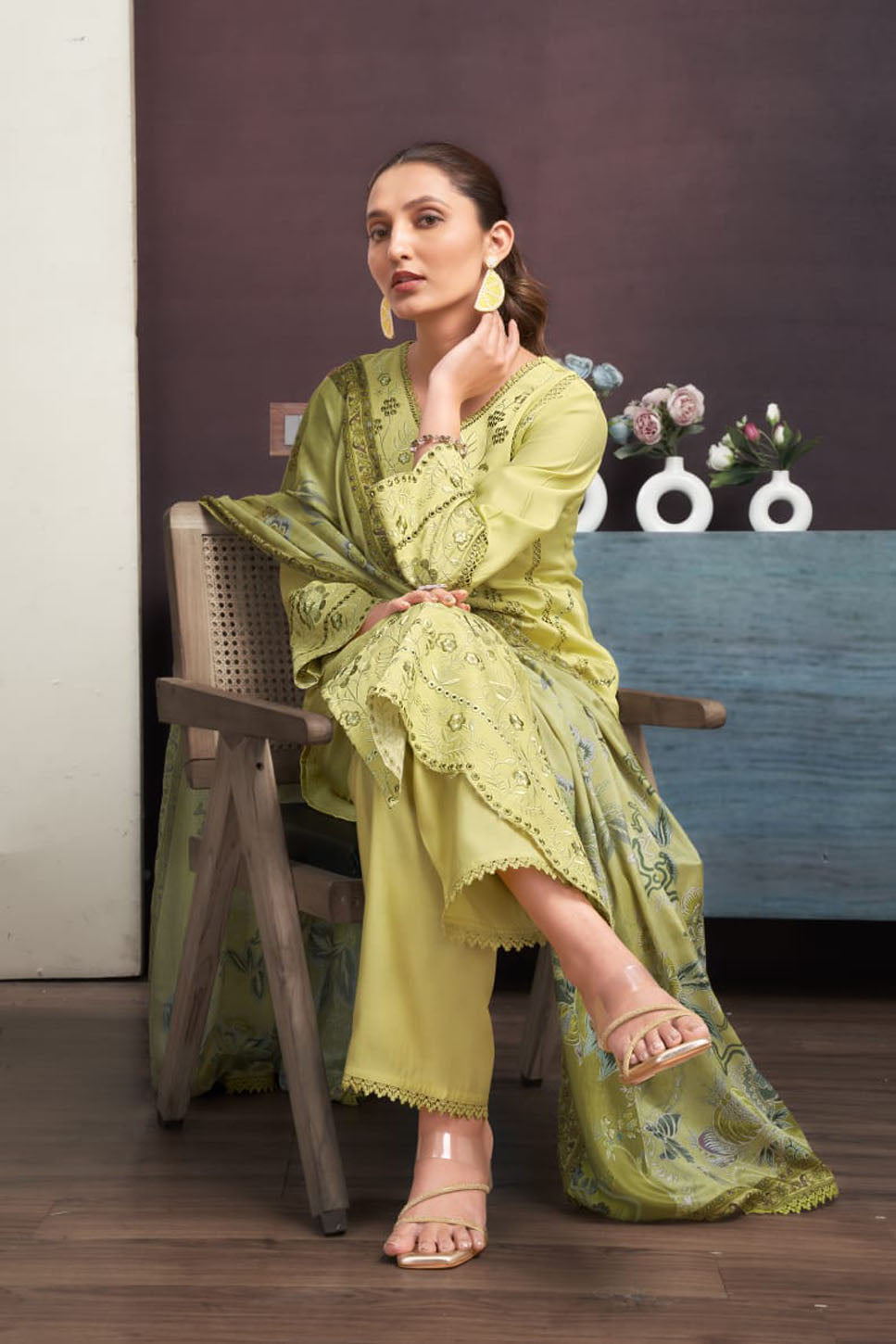 Lime Green Embroidered Chanderi Suit Set with Printed Dupatta