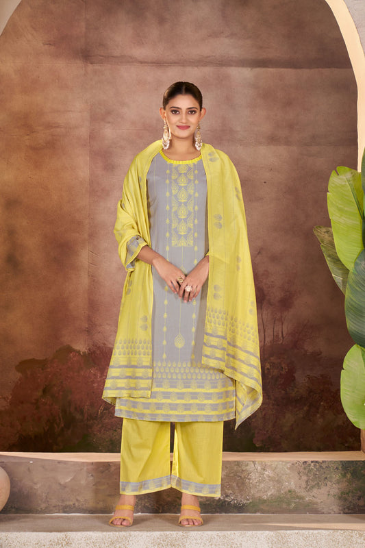 Grey & Yellow Printed Linen Suit Set with Dupatta