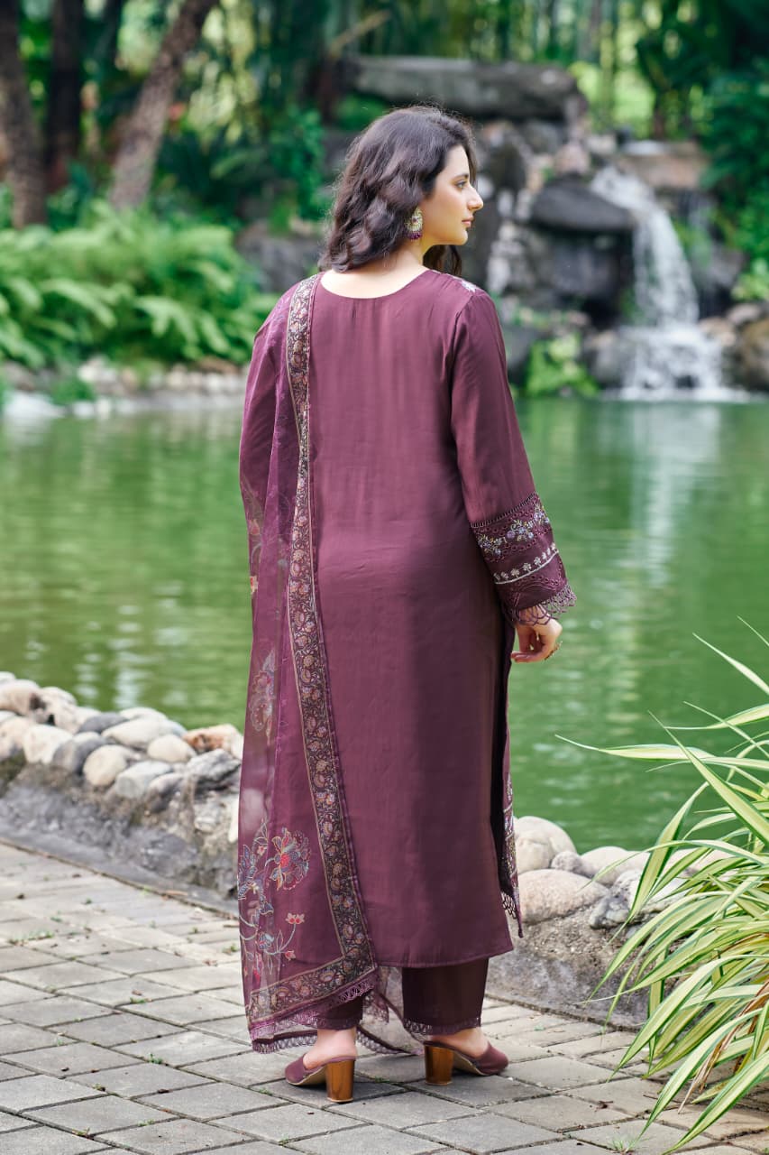 Embroidered Wine Purple Roman Chanderi Suit Set