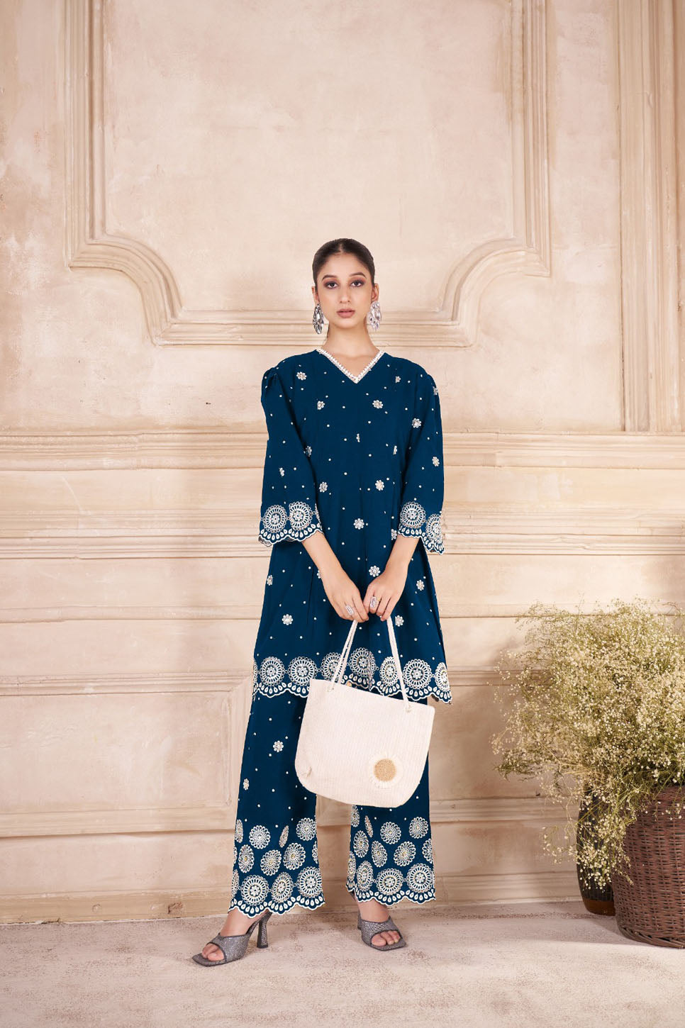Elegant Prussian Blue Embroidered Co-ord Set