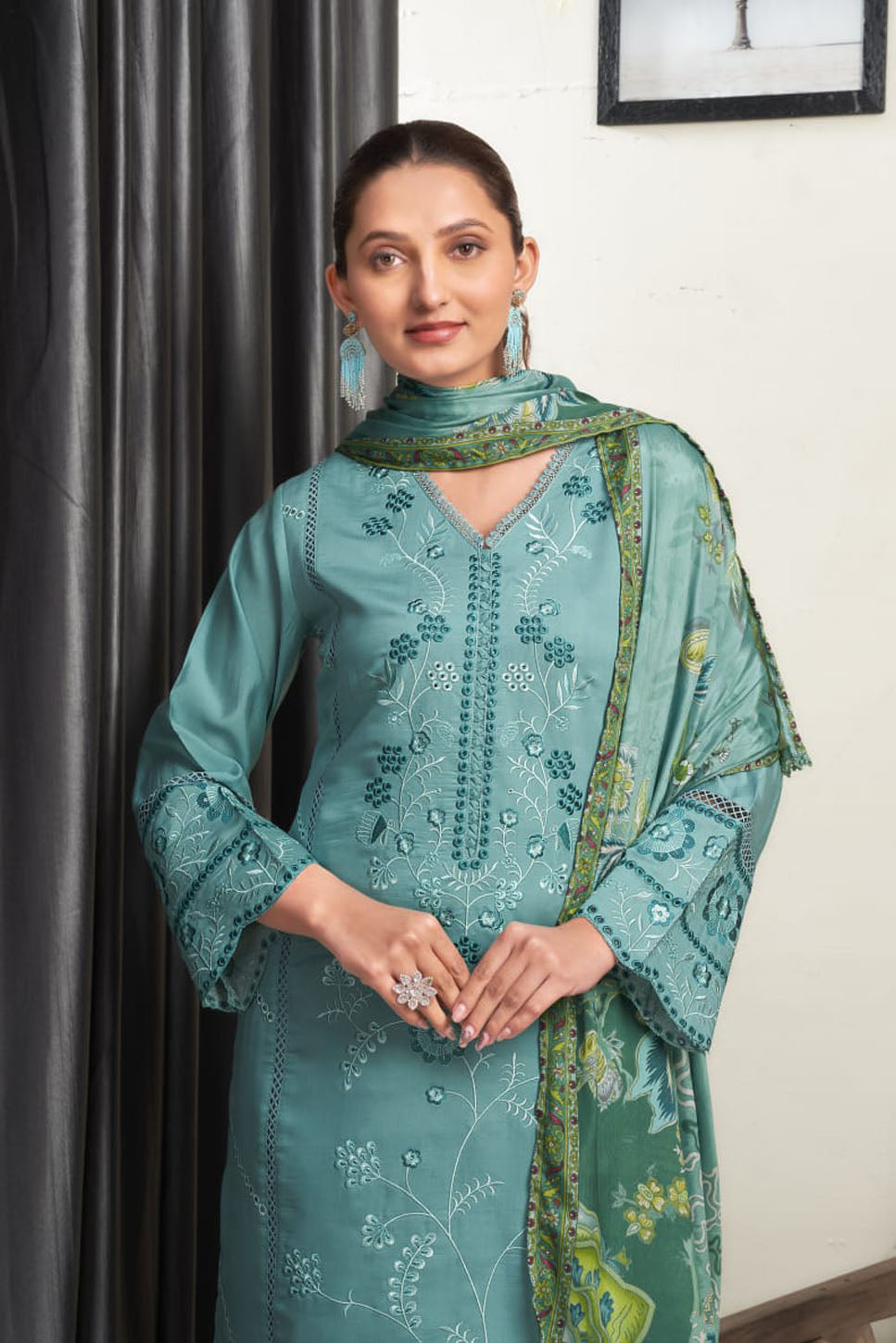Sea Green Embroidered Chanderi Suit Set with Printed Dupatta