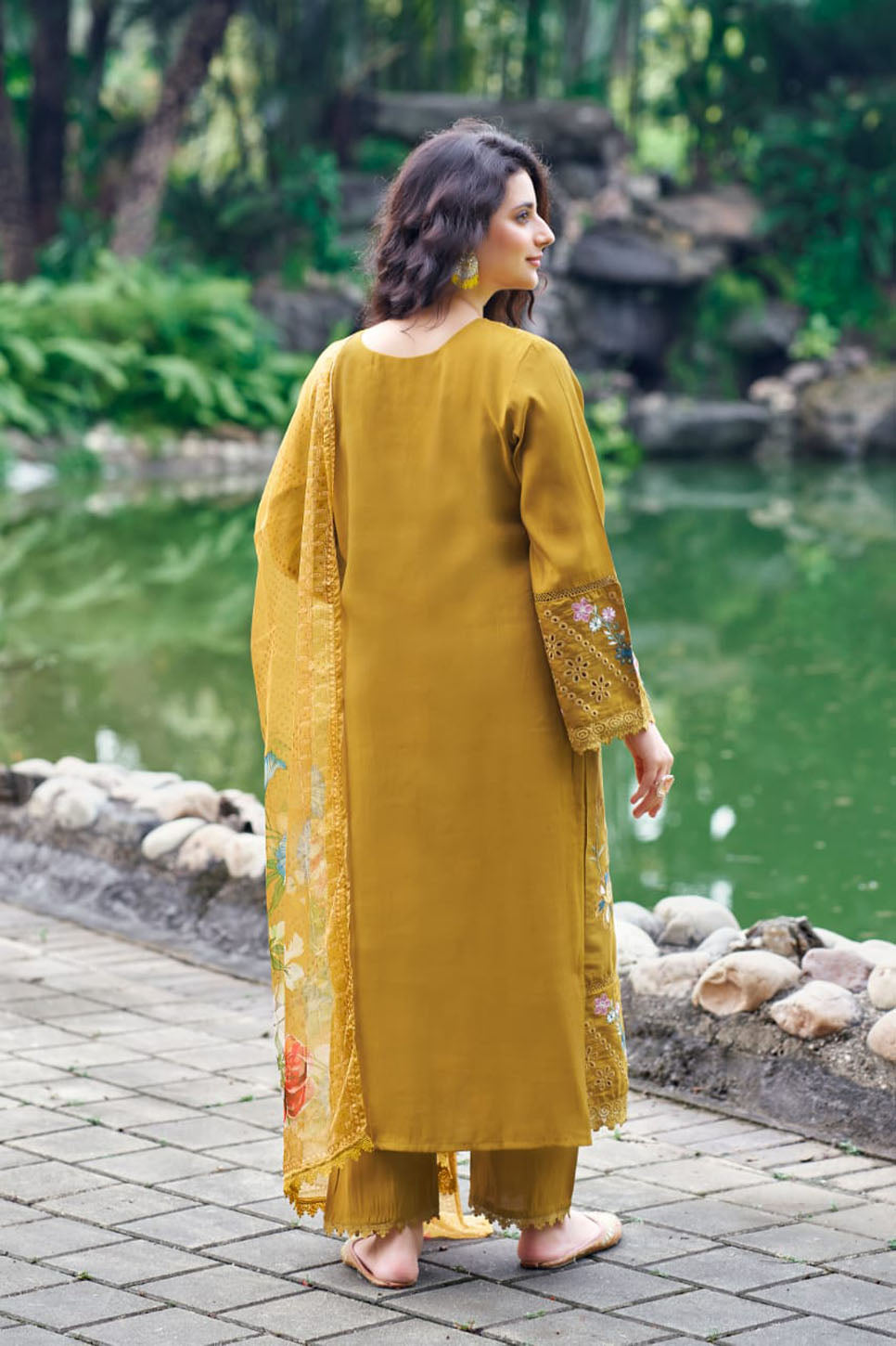 Mustard Gold Embroidered 3-Piece Suit with Printed Dupatta
