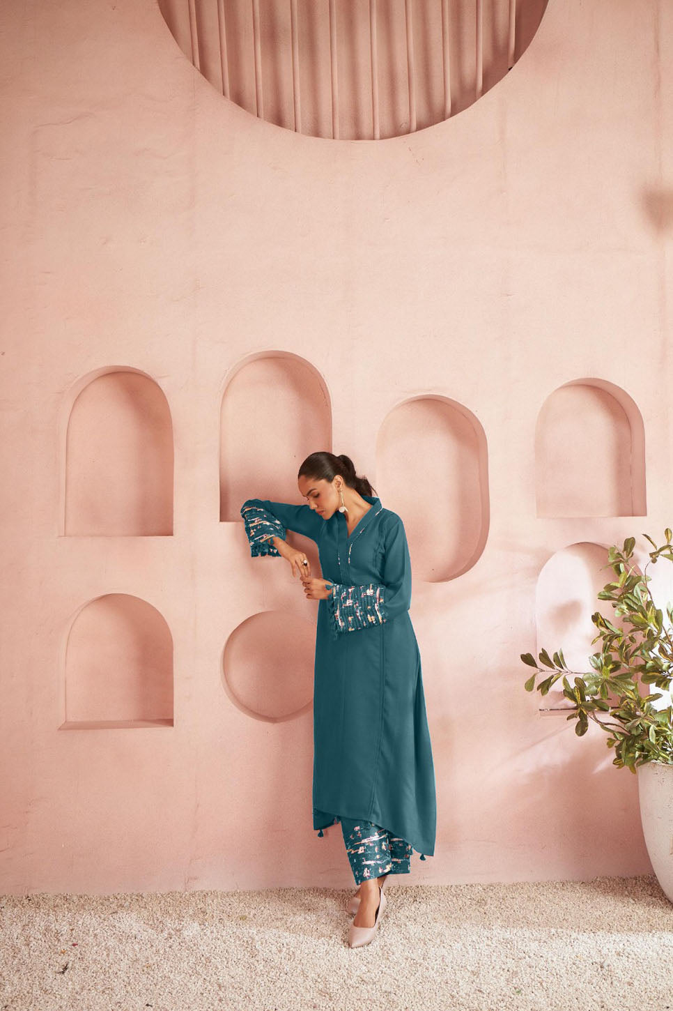 Teal Solid Kurta Set with Embroidered Bell Sleeves