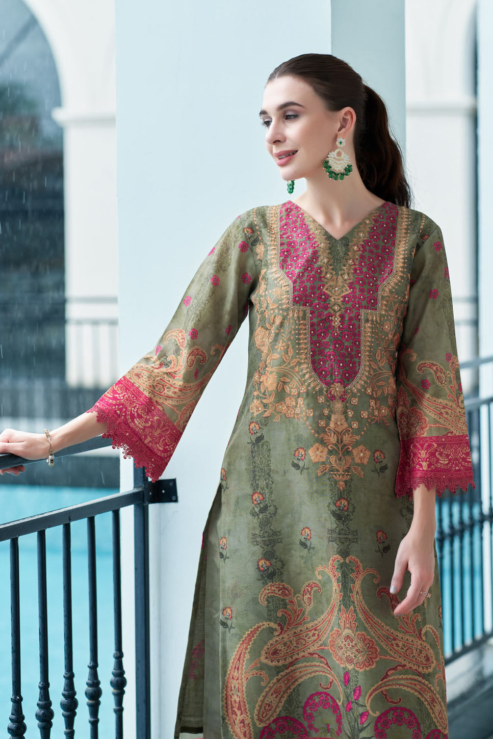 Olive Green & Crimson Printed Embroidered Suit with Dupatta