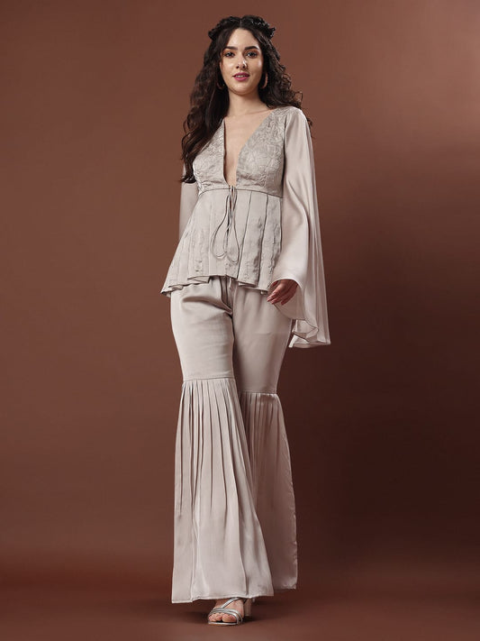 Champagne Beige Embroidered Peplum Co-ord Set with Flared Pants