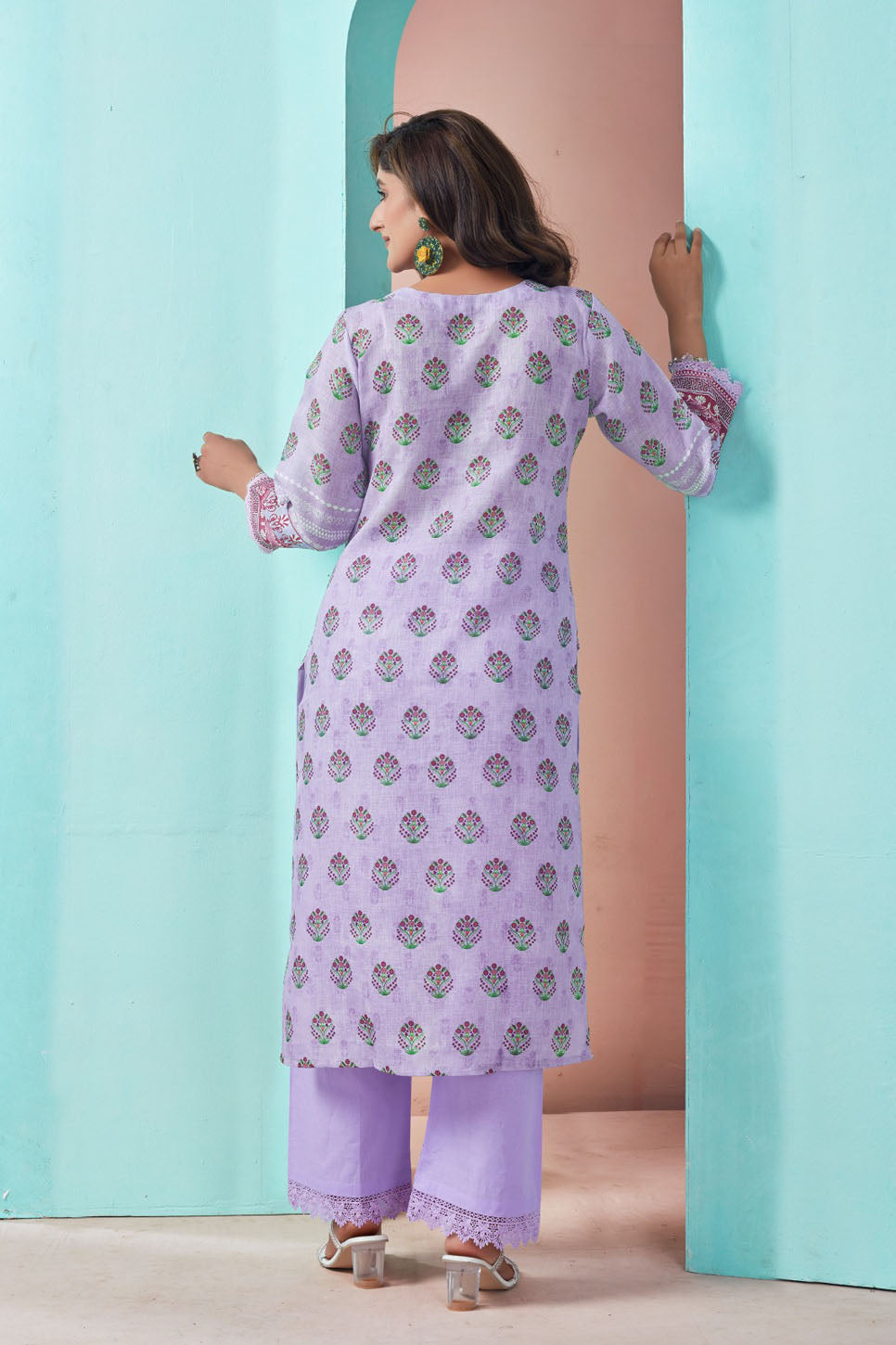 Lilac Embroidered Three-Piece Suit Set with Printed Dupatta