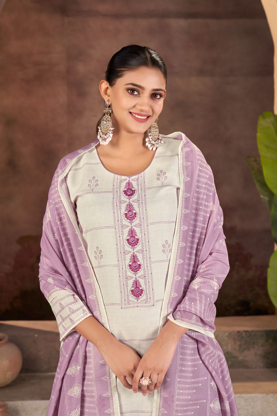 Grey & Lavender Printed Linen Suit Set with Dupatta