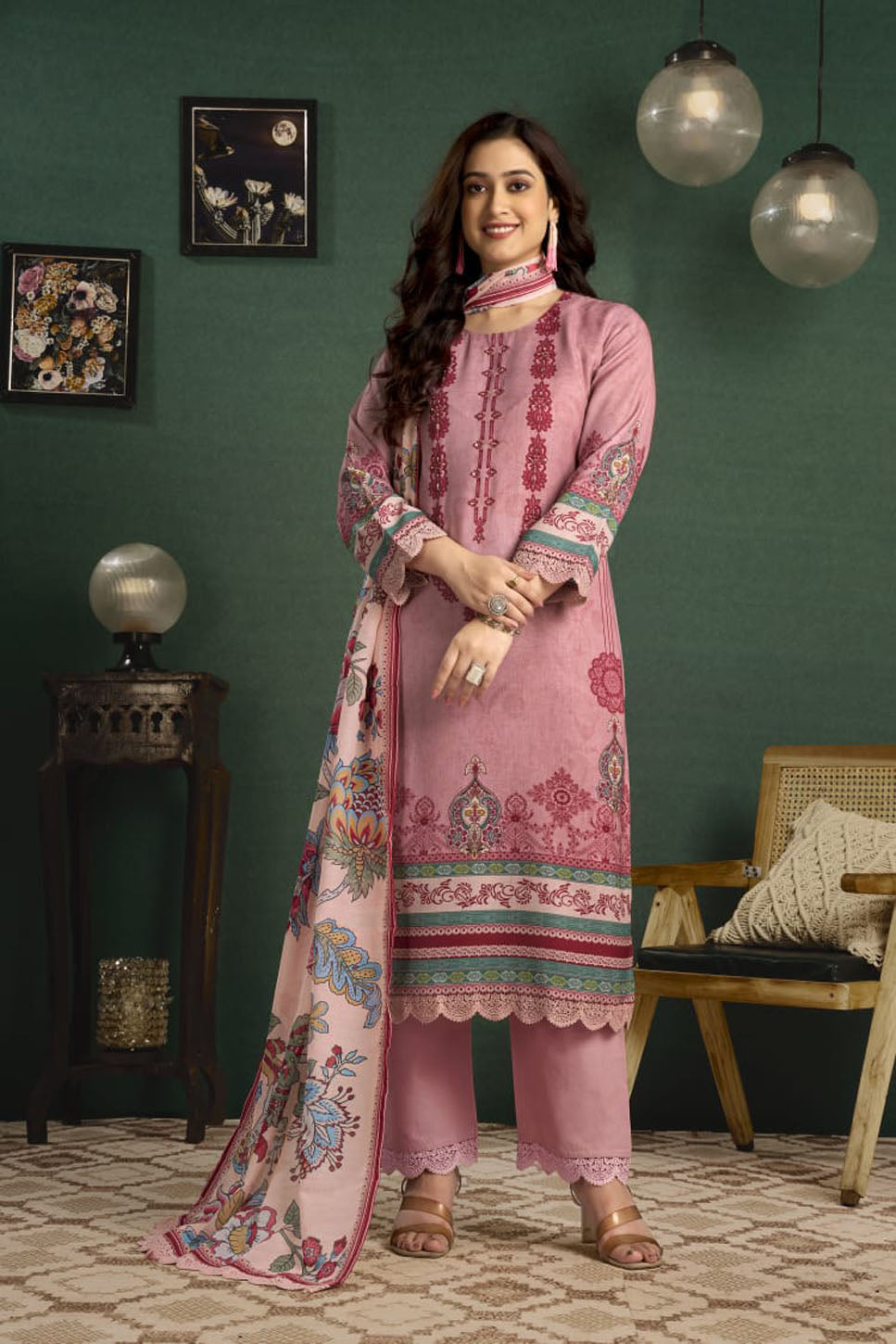 Pink Festive Wear Women’s Ethnic Printed Straight Kurta Set with Dupatta