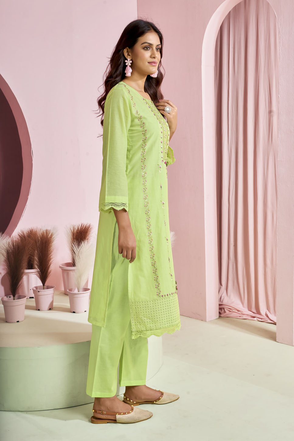 Pastel Lime Embroidered Cotton Suit with Printed Dupatta