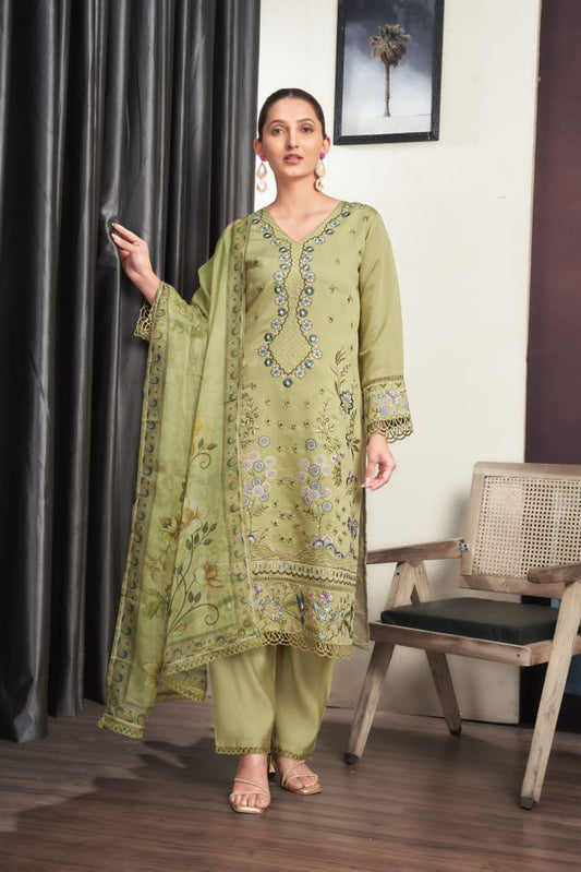 Light Green Embroidered Suit Set with Floral Dupatta