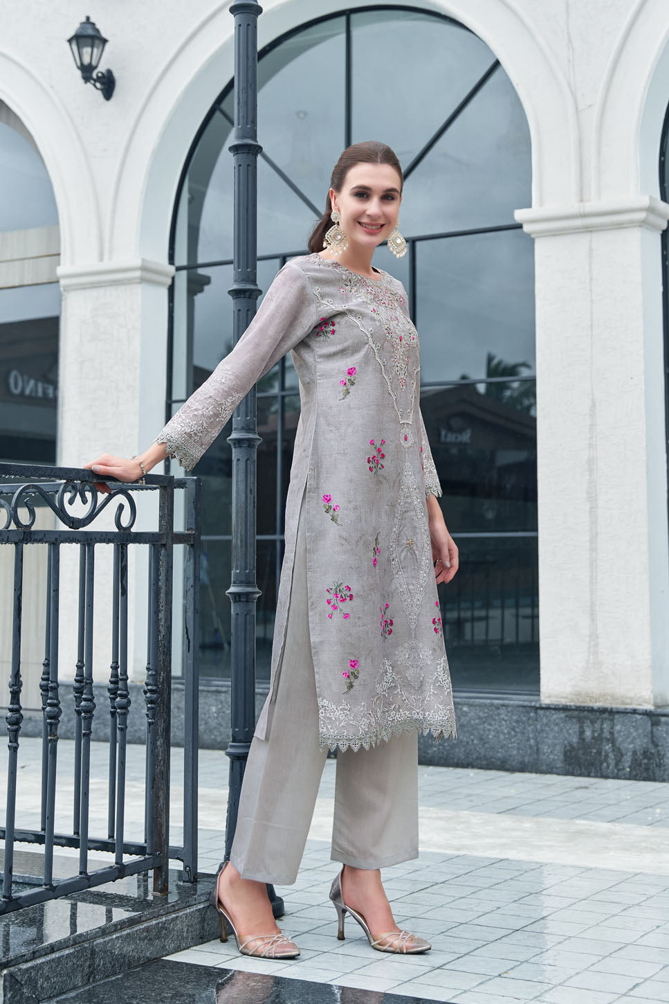 Grey Embroidered Three-Piece Suit Set