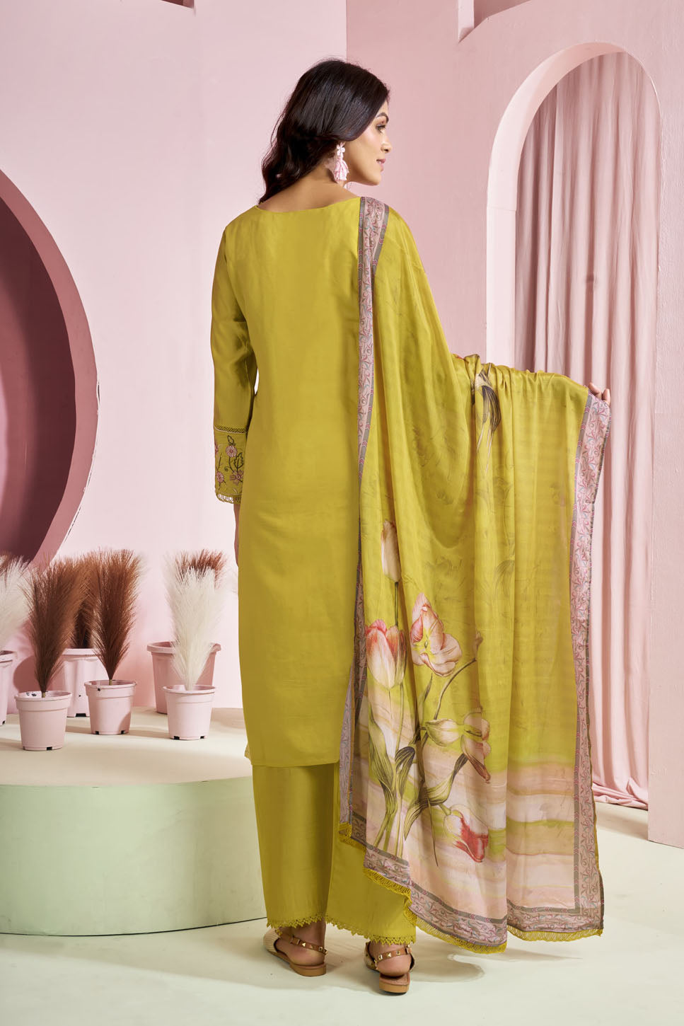 Lime Green Floral Embroidered Suit Set with Printed Dupatta