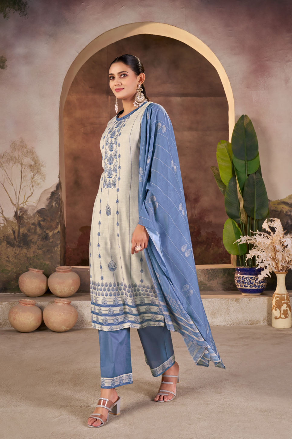 Grey & Blue Printed Linen Suit Set with Dupatta