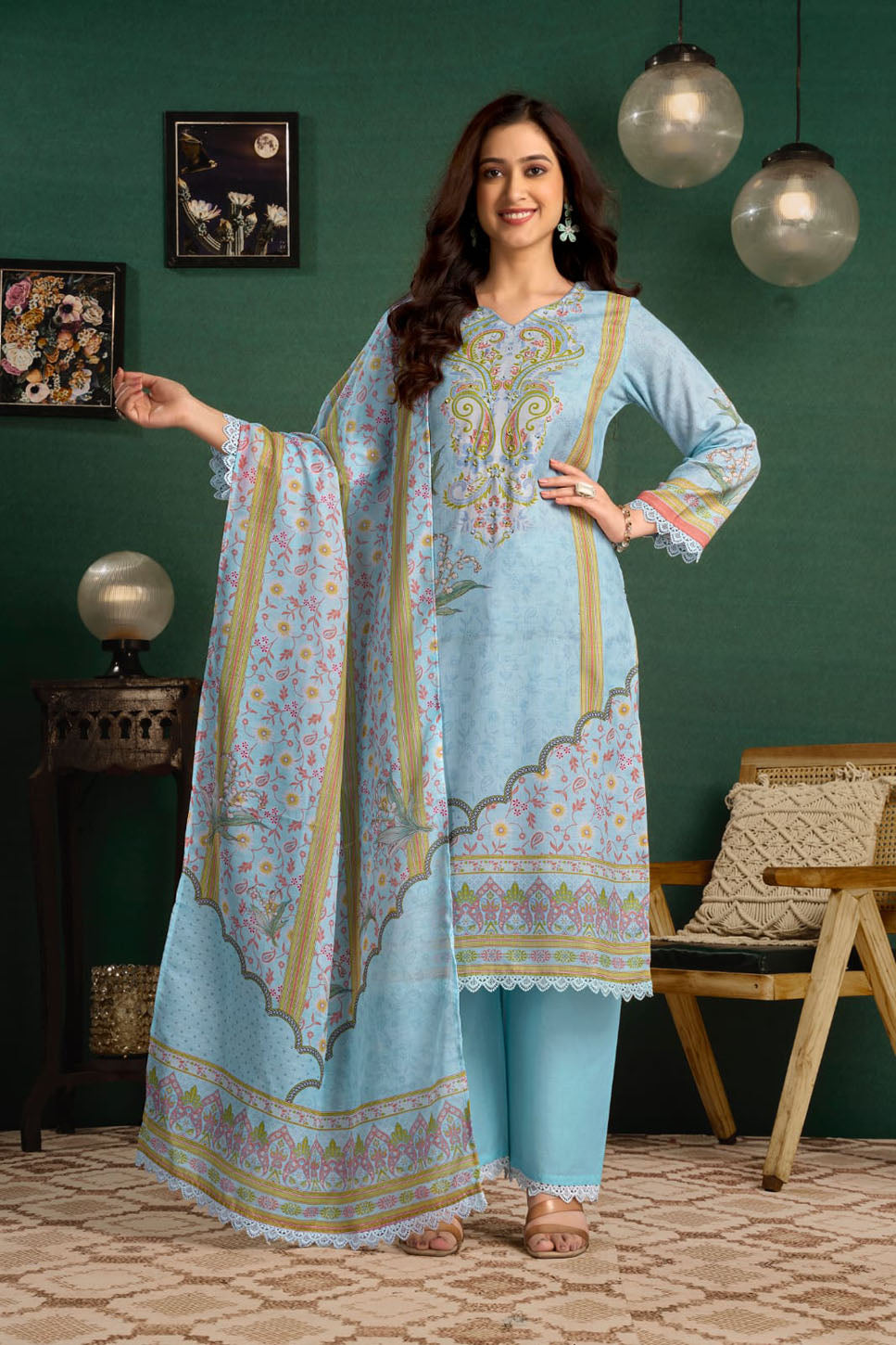 Sky Blue Printed Linen Suit Set with Embroidered Detailing & Dupatta