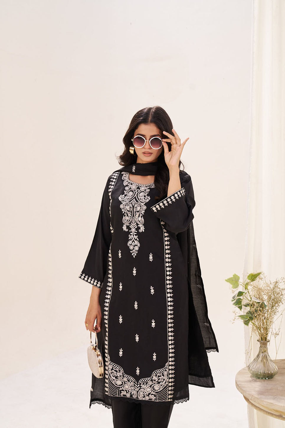 Classic Black Embroidered Cotton Suit with Dupatta