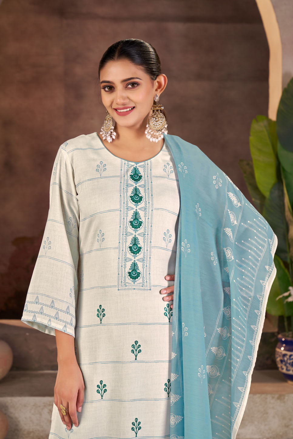 White & Blue Embroidered Linen Suit Set with Printed Dupatta